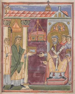 Priest presenting a book [to St. Augustine?]