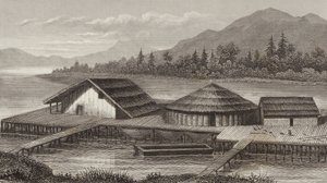 Reconstruction of an ancient lake village (Illustration for Bilder-Atlas) by German School