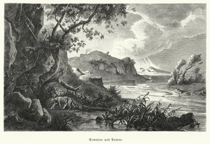 Romulus and Remus, legendary founders of ancient Rome, being suckled by the she-wolf in the wilderness by German School