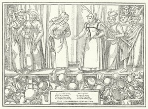 Scene from a play in a late medieval theatre by German School