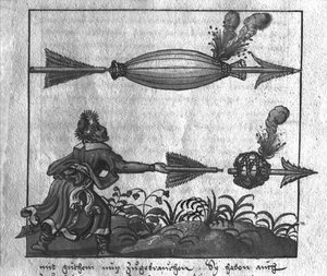 Tactical Use of Artillery: Incendiary Arrows, illustration from LArt de lArtillerie by Wolff de Senftenberg, late 16th century