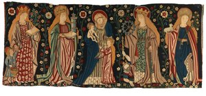 Tapestry antependium depicting St Anne, the Virgin and Christ, and four female saints by German School