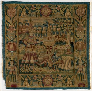 Tapestry cushion cover depicting Pyramus and Thisbe