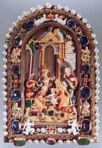 The Adoration of the Kings, Relief Plaque Framed with Miniature Figures of the Four Evangelists and Putti Alternating with Sapphires, from Munich by German School