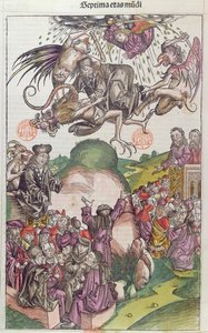 The Fall of Simon Magus, from La Chronique de Nuremberg by Hartmann Schedel, Nurnberg, 1492