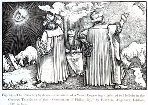 The Planetary Systems, from The Consolation of Philosophy by Boethius, published in 1537, illustration from Science and Literature in The Middle Ages and Renaissance, written and engraved by Paul Lacroix by German School