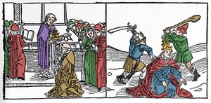 The Martyrdom of Saint Fabien, Pope tortured then decapitated, under the reign of Emperor Decius. Engraving from 