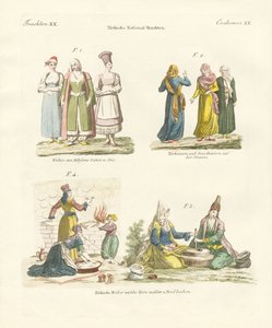 Turkish National Costumes (coloured engraving)