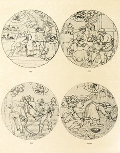 Twelve calendar images in a circular shape by German School