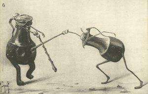 Two jugs fighting a duel by German School