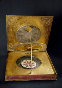 Universal solar clock made of copper, gold brad, glass and paper made in Germany. Early 17th century