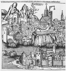 View of Basel (illustration from the Chronicle of Nurnberg by Hartmann Schedel, 1493)