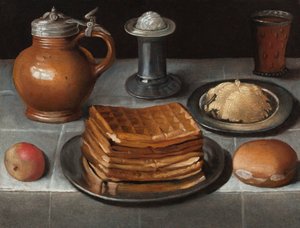 Waffles and Butter on Pewter Plates with an Apple, Roll, Jug, Standing Salt, and a Beer Glass with Prunts on a Cloth-Covered Table