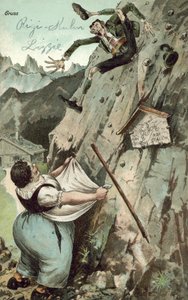 Woman catching man falling from mountain by German School