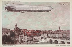 Zeppelin Flying Over Basel by German School