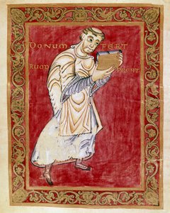 The Monk Ruodprecht Takes the Manuscript to the Archbishop Egbert of Trier. Miniature of the Codex of Egbert by the school of Reichenau. Cividale del Friuli, Museo Archeologico or Cathedral of Cividale by German School