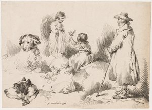 Studies of Children: Two Little Girls, Two Dogs, A Man, 1793 by Gerrard Street J. Harris Soho
