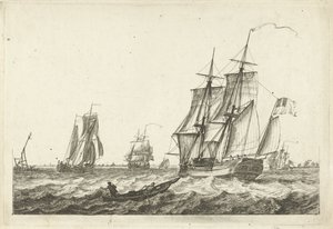Brig and Other Ships on a Broad Waterway from Various Boats on the Waves by Gerrit Groenewegen