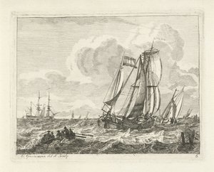 Sailing Ships and a Rowboat on Open Water by Gerrit Groenewegen