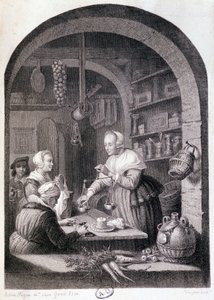 Village grocer weighing with a balance. 18th century by Gerrit or Gerard (after) Dou