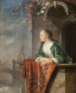 Young woman on a balcony by Gerrit Dou