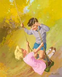 Boy and girl on a swing