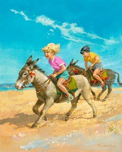 Boy and girl riding donkeys on the beach
