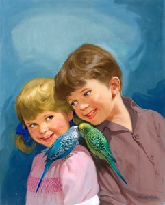 Boy and girl with budgerigars