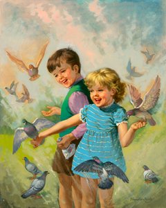 Boy and girl with pigeons