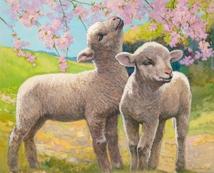 Two lambs eating blossom