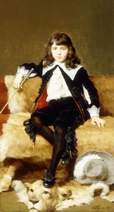 Portrait of a Boy, Seated Full Length, on a Sofa Draped with a Lion Skin by Geza Vastagh