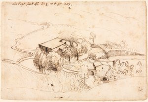 Farm with Trees in a Hilly Landscape (recto) by Gherardo Cibo