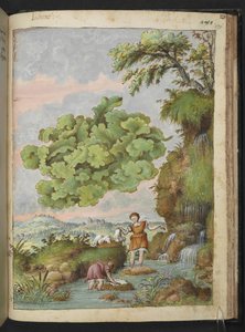 Lichen and two women washing clothing or fur in a pool, from 