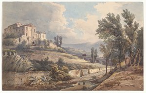 Landscape with a Villa on a Hill and a Bridge in the Vicinity of Cava by Giacinto Gigante
