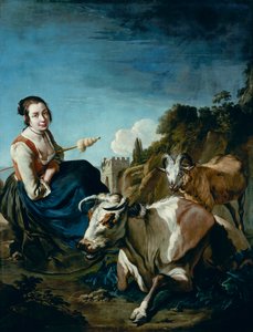 A Girl with a Cow and Sheep in a Rocky Landscape by Giacomo Ceruti