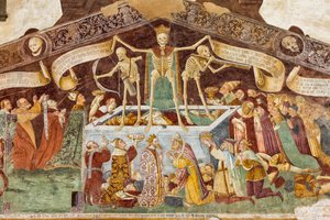 Death standing on a sarcophagus where the dead Pope and the Emperor lie (detail) by Giacomo Borlone de Buschis