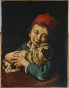 A Boy, Half Length, in a Blue Jacket and a Red Hat, Holding a Pug on a Cushion