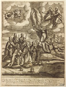 Allegory of Saint League of 1571 stipulated by Pope Pius V, Philip of Spain and Doge of Venice Alvise Mocenigo, engraving by Giacomo Franco