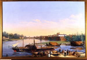 View of the Port of Pavia on the Po and the Steamboat Principessa Clementina