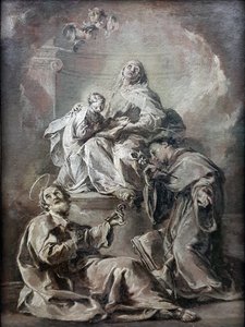 Anna instructs Mary in reading the Holy Bible, accompanied by St. Peter and St. Anthony of Padua
