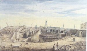 Construction of the new London Bridge alongside the old London Bridge by Gideon Yates