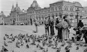 Feeding pigeons in Red Square, upper trading rows in backdrop