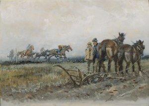 Racehorses at Exercise Watched by Ploughmen by Gilbert Holiday