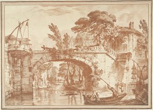 Southern Landscape with Bridge and Houses by River by Gilles Demarteau