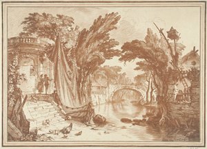 Southern Landscape with Houses by a River by Gilles Demarteau