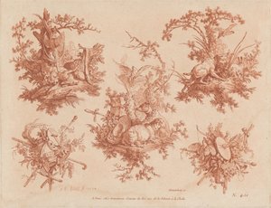 Five Trophies with Themes of Hunting, Love, and Folly by Gilles Demarteau, the Elder, and Jean Baptiste Hüet