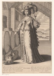 Lady with a Glass of Wine by Wine Barrels, Overlooking a Vineyard (Autumn) (Four Seasons) by Gilles Rousselet