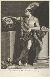 David standing with crossed legs and holding the head of Goliath on a pedestal