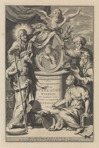 Biblical Figures Unveil the Portrait of Moses (Title Page for Wilhelmus Goeree, Preparations for Biblical Wisdom, and Use of Holy and Church Histories, 1690) by Gilliam van der Gouwen