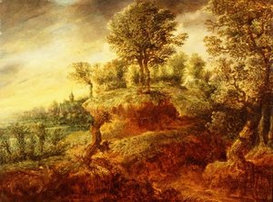 A wooded landscape with a wagon on a path and a church beyond by Gillis Neyts